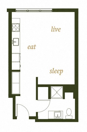 Floor plan for studio, 1 bath, 431 sqft
